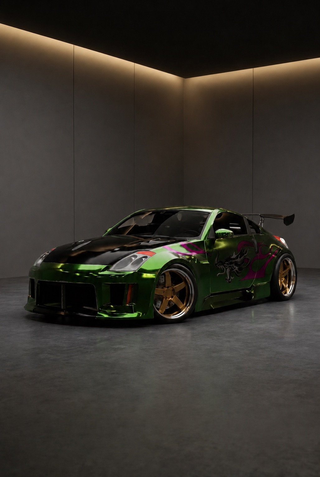Virtual car tuning preview: a customized green Nissan 350Z on new wheels inside the TuningLab garage