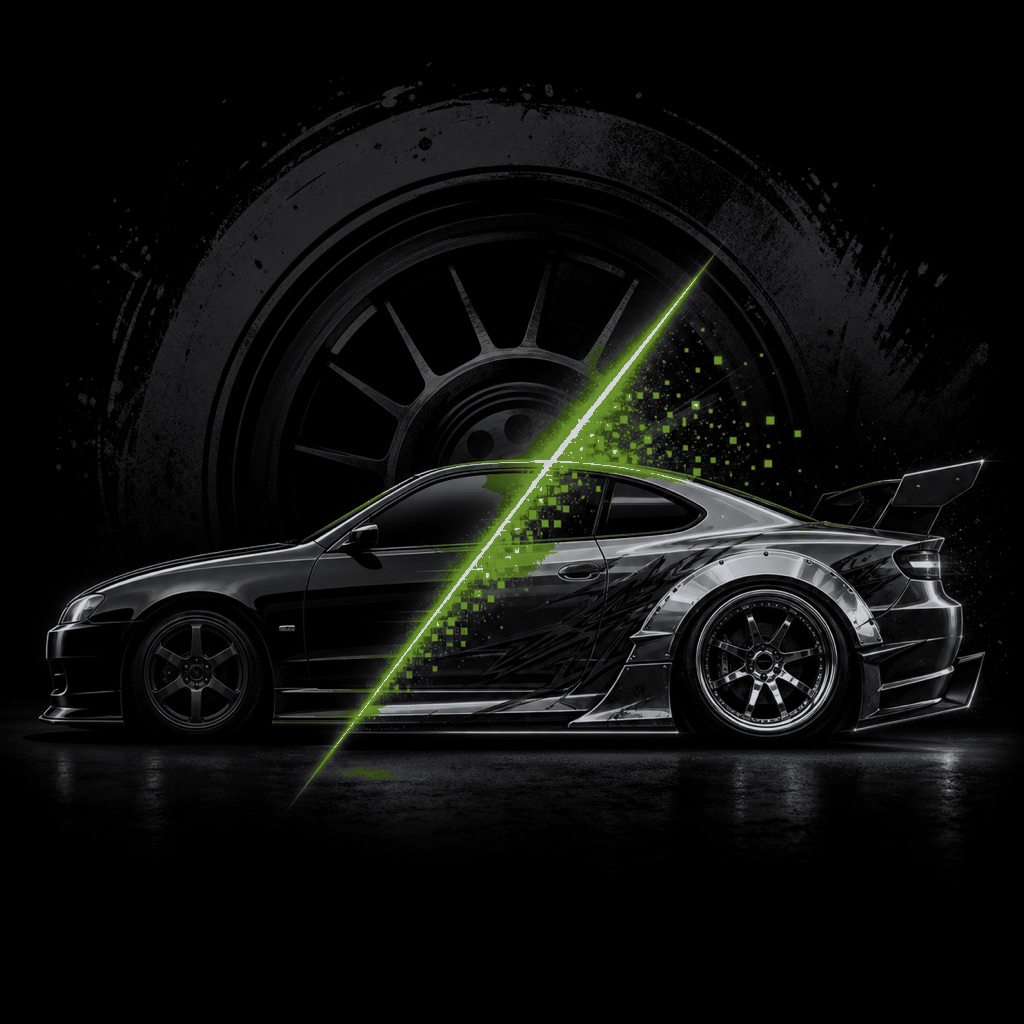 A black and silver tuned sports car in TuningLab artwork